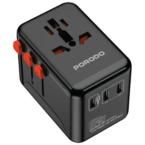 [PDFWCH091BK] Porodo 5Gbps USB HUB Universal Travel Adapter 65W GaN Charger - Black
